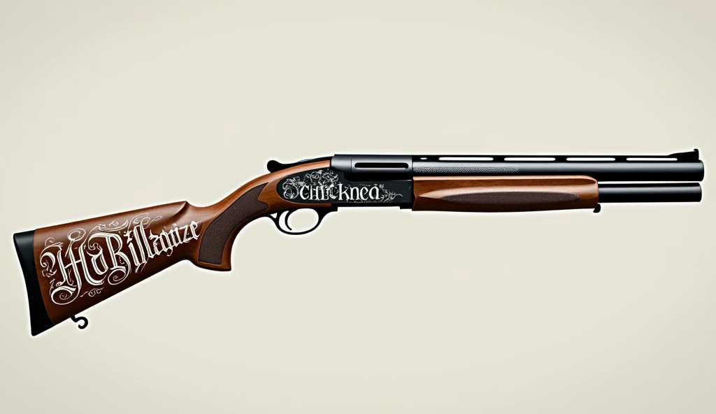 A double-barreled shotgun with white lettering on the stock 