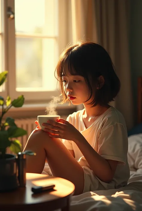 A picture of a Thai teenager sitting and drinking coffee in the bedroom by the window. There is a soft sunlight splashing on the cigar phone and there is a cigarette lighter on the table.