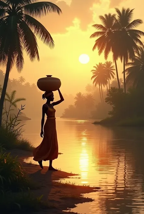 create an image of a Nigerian village river looking darker and sun flirting it a young Nigerian lady of 19 years old Nigerian girl moving towards the river with clay pot 