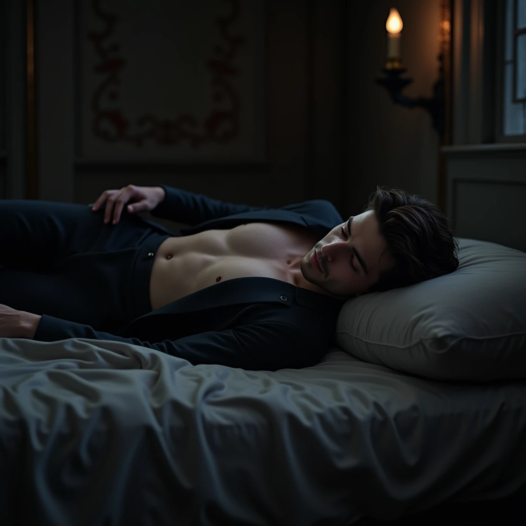 realistic image of a 26-year-old boy in a suit with brown hair and black eyes in a castle room at night lying on his side on a shirtless bed