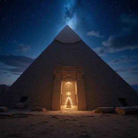 An Egyptian pyramid with a dark starry sky marked all the constellations and a representation of the most divine in it