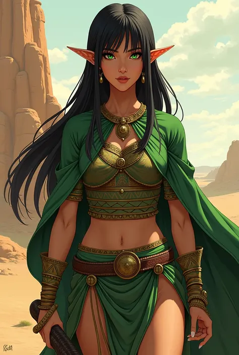 Create a Gerudo  , king,  green eyes ,  woman with a style similar to that of Riju from The Legend of Zelda , straight hair with straight bangs ,  anime style  ,  full body