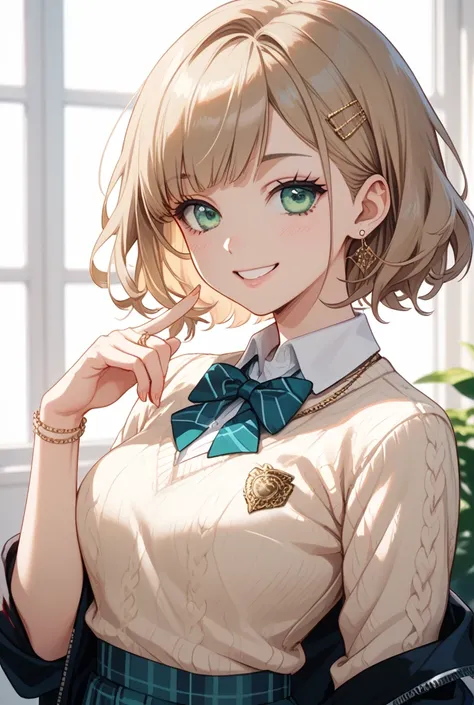 In the Tokyo Revengers art style, a girl with light brown hair and light green eyes, wearing a ring on her ring finger. She has straight hair tied with a bow, wears a school uniform with a cream-colored sweater, a necklace, and a gentle smile.

