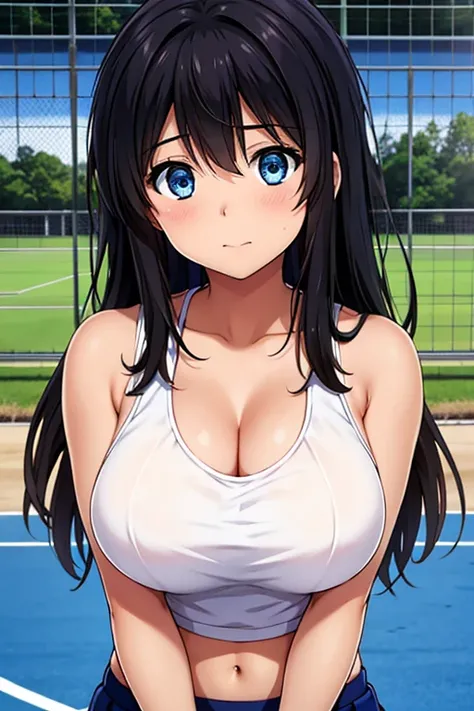 anime,  upper body,  cute,  Chest shape is clear ,  super high definition , 8k,  black hair, Kaori Kitamura,  high school girl,  cleavage, Underboob, Sideboob,  chest exposure,  beautiful blue eyes,  tank top,  tennis court in white, I can see my stomach, ...