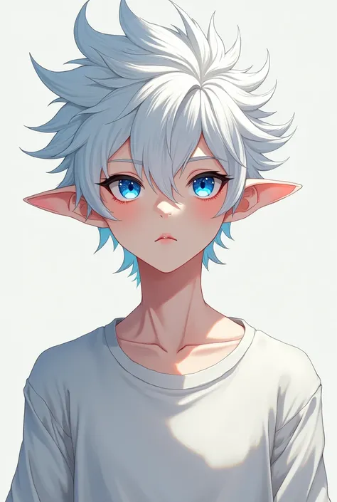 Anime male, sparkling blue eyes, bushy white spiky hair, teen, white skin, long eyelashes, lip gloss, muscular body, white sweater, long ears, elf