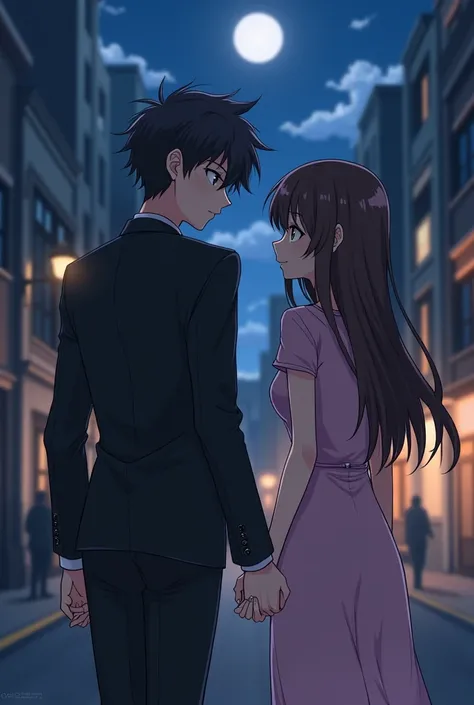 A thin anime style man,  A slender anime-style woman , Man has grey  dark eyes,  short length hair,  spiky and disheveled hair , Japanese eye , Half black,  pierced ear , black suit,  thin black tie ,  sleeves curled up to half ,  black pants , beautiful w...