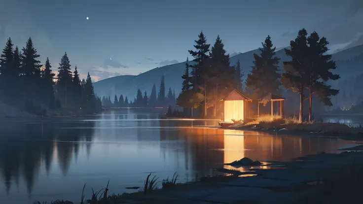 Lake at night, landscape concept art, studio art, animated background, dark surroundings