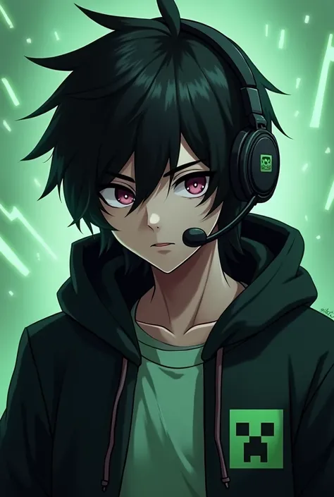  Make the black haired guy character , using mic headphones ,  wear a dark rain colored hodie over light green middle white bottom with the minecraft creaper logo, background render minecraft, size 1280×1280 