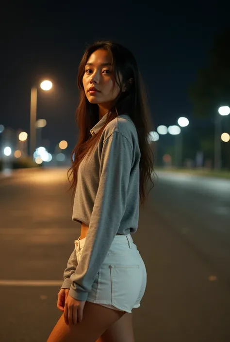 Young woman (ethnicity:1.0), (age:1.1), (detailed clothing:1.2) wearing light-gray long-sleeved top and white shorts, (detailed skin texture:1.1), medium build, (pose:1.2),  (body type:1.1),  standing in parking lot at night,(accessories:1.0) , (facial fea...