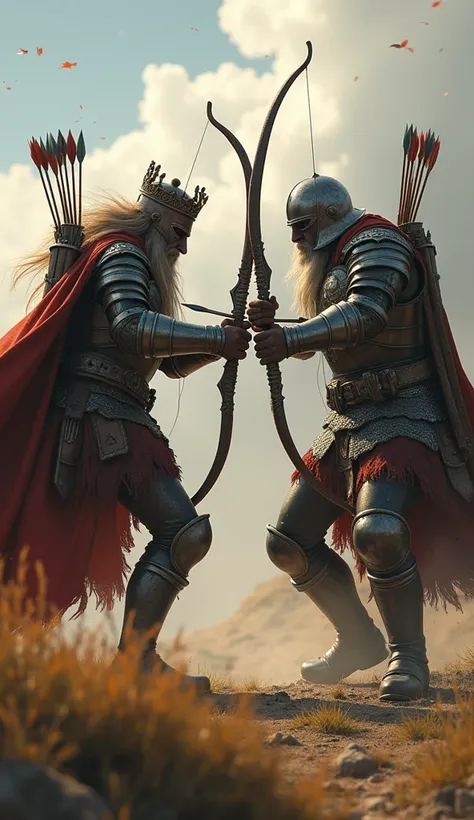 two being fighting aggressively one having rings, arrows, a great bow and one thousand armours and other being with strong shoulders having two quivers on his back emerged who was wearing finger protector and a crown.