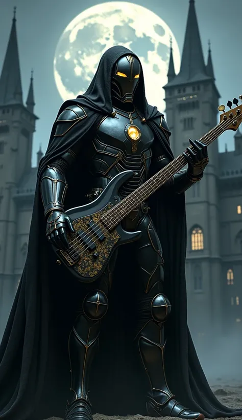 Gothic Knight Iron-man :  Black costume with gold accents ,  wearing cloak with texture like bat skin,  holds bass guitar with gothic pattern ,  over castle with full moon behind .