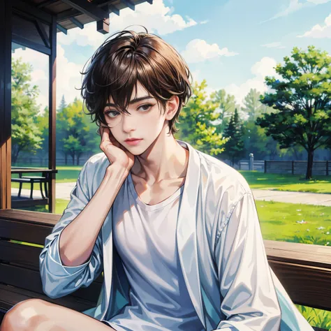 (absurdres, highres, ultra detailed, HDR), masterpiece, best quality, 1boy, solo, handsome, short hair, dark brown hair, finely eye and detailed face, ((loose white t-shirt)), (white jacket), (pale and white skin), look at viewer, ear piecing, sitting on b...