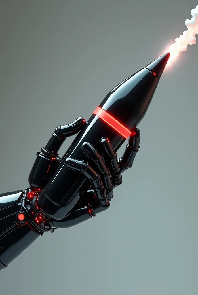 A futuristic robotic hand firmly gripping a large missile-shaped object. The robotic hand features a sleek metallic design in black, with intricate mechanical details visible around the joints and wrist. The surface of the fingers and hand is smooth, accen...