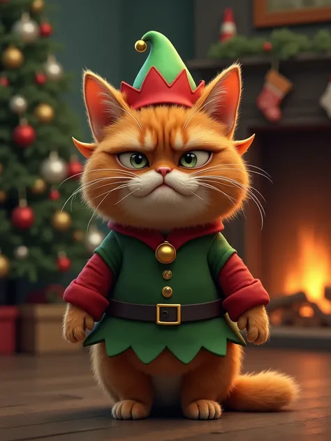 cute orange cat, moody, not happy, dressed in elf costume, not amused expression, fire place and Christmas tree in background