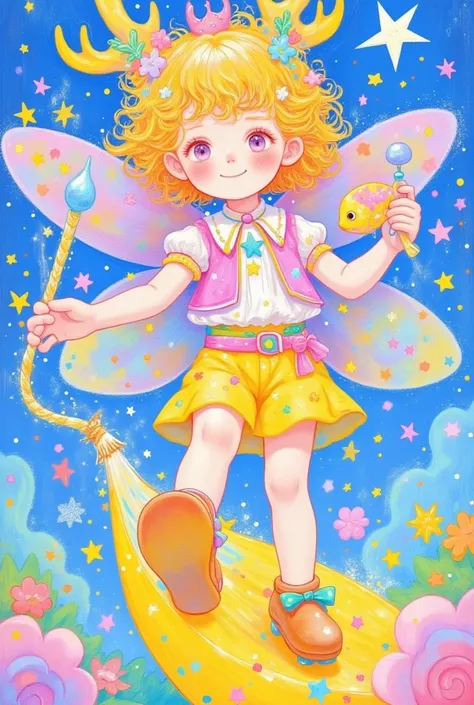  A painting holding a magic wand and a fish,  cute detailed digital art , Lovely art style,  Fairy tale illustration style , 可爱的数字艺术,  a beautiful art illustration ,  colorful illustration,  可爱的细节艺术品 ,  Has magical powers,  cute illustration ,  fantasy art...