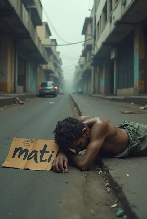 A beggar is lying motionless on the ground in a deserted street, with a cardboard sign next to him that says Mati in bold letters