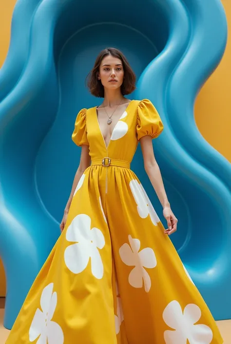  A futuristic haute couture dress in royal blue with sculptures,  fluid textures and organic wavy patterns .  The model Vintage dress **: Soft mustard yellow ,  cotton fabric printed with large white powders ,  deep V-neck and short puffy sleeves ,  waist ...