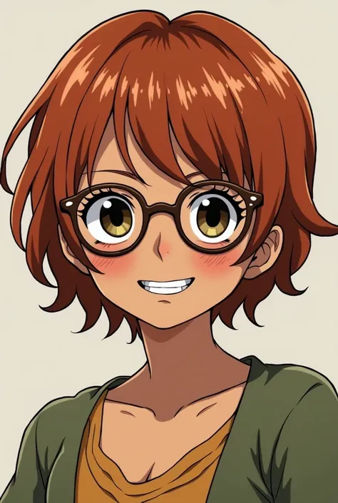 A brown-skinned girl ,  round face,  short copper hair with bangs ,  she wears thin brown glasses and a nose piercing,  wears braces and her mouth is small ,  his eyes are small and his eyelashes are full, One piece style and his partner is Portgas D . ace...