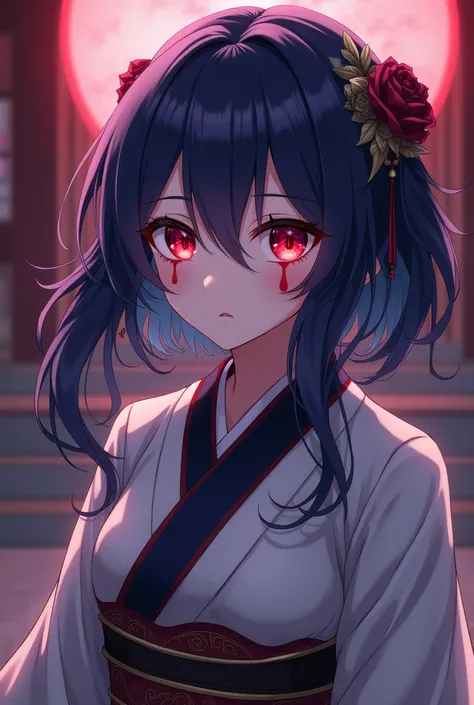 Create an anime one, ruby eyes,  and dark blue-violet hair , Its a mark of two eye drops. And an ancient Japanese uniform .