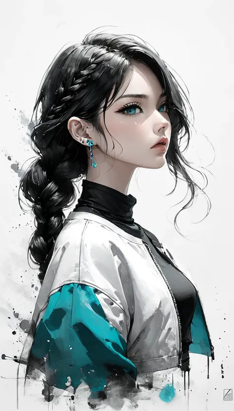 Neo-noir futuristic art style, waist-up, proportional body, semi-realistic anime-style of a 19-year-old woman facing side, with long, sleek black hair styled in a single braid. Oval face with sharply defined jawlines tapering into a slightly pointed chin. ...