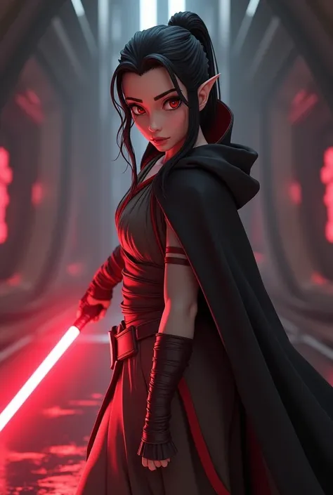  A full body shot of Princess Zelda ,  black hair, Red Eyes, disguised as Rey Skywalker, 30 years old, reif, XL bust, serves ,  and only holds a red lightsaber in one hand,  wears a black cape with red details , fights, in fighting stance,  background : In...