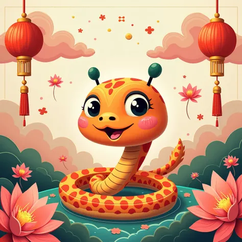 Year of the Snake greeting card in traditional cartoon flat decoupage style