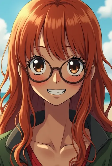 A brown-skinned girl ,  round face, long copper hair with bangs,  she wears thin brown glasses and a nose piercing,  wears braces and her mouth is small ,  his eyes are small and his eyelashes are full, One piece style and his partner is Portgas D . ace 