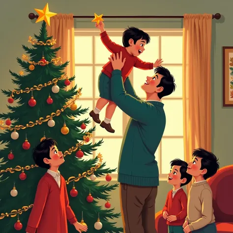 1940s pop art。A toddler who is picked up by his father ((( little  holding a star and trying to decorate it at the top of the Christmas tree:1.4)))。Mother and grandparents watching kindly 。 Asian