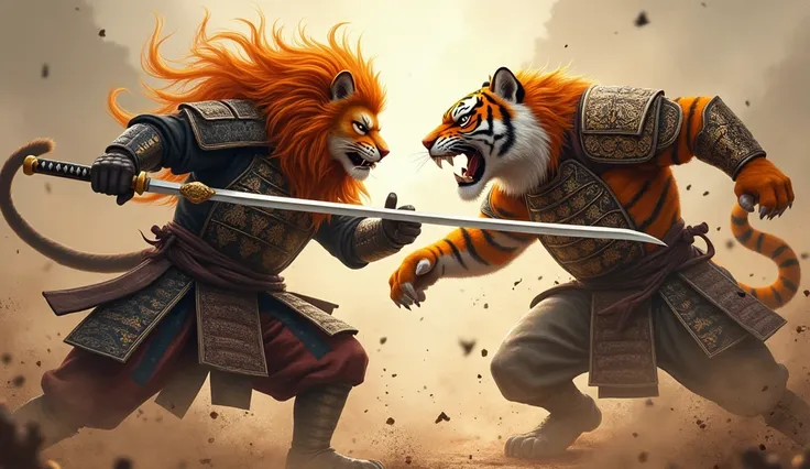 Illustrate a dynamic fantasy battle scene between two anthropomorphic warriors: a lion dressed in traditional Japanese armor with an orange mane, wielding a katana, and a tiger in ornate armor, grinning fiercely as they clash with swords. The background is...