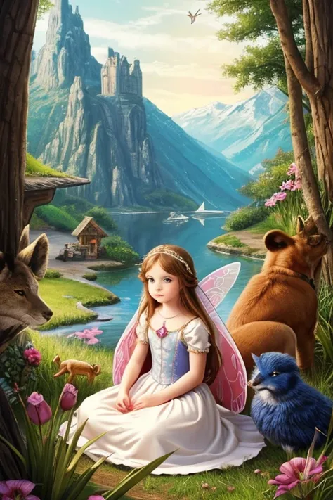  Illustration for a fairy tale about a girl, sits surrounded by animals