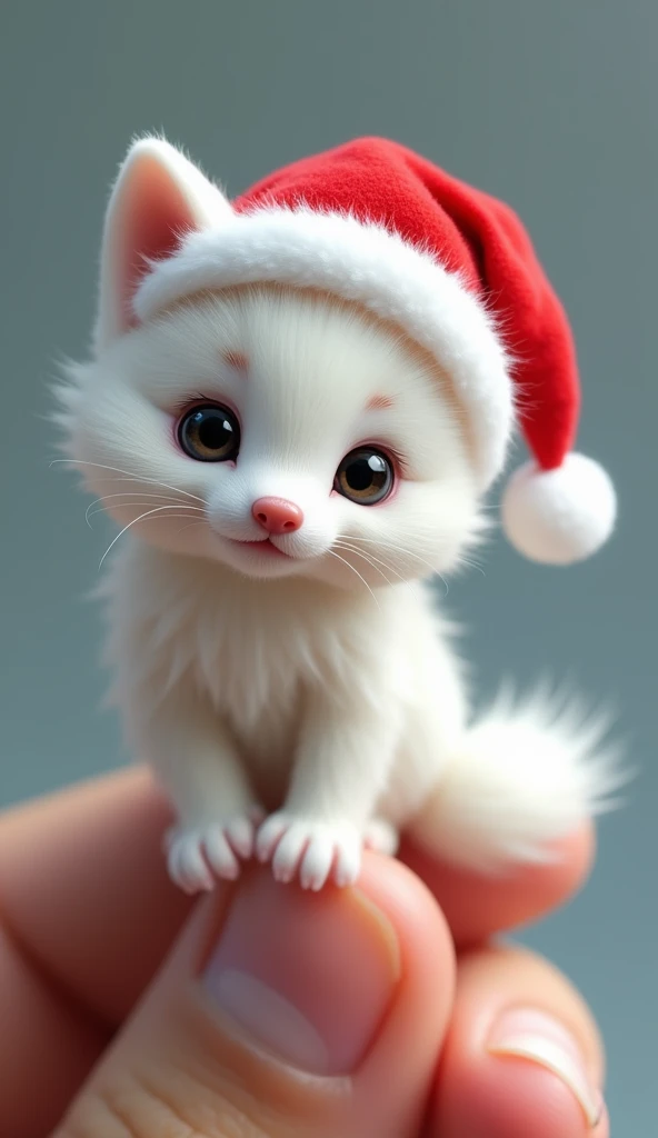 Cute realistic 3cm little white wolf cub with Santa Claus hat sitting on one finger