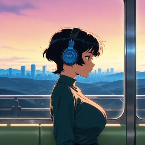 girl with short hair, big breast, face side view, on the train, anime aesthetic, anime vibes, lo-fi art style, Watching the city view, anime art, mature, anime background art, lo-fi color, lo-fi art, sexy girl, ultra hd, very details, top, lofi girl, lands...