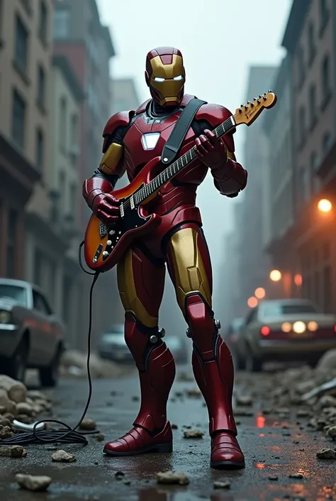 Ironman playing electric guitar on a desolate street