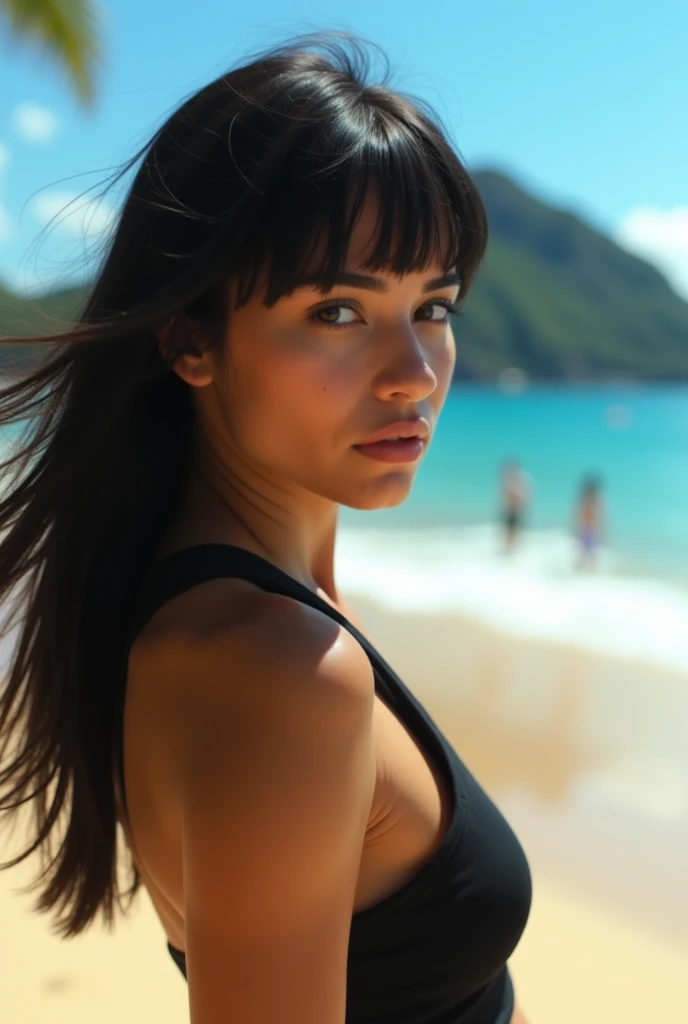 latina girl, black hair, bangs, on rio de janeiro beach, back piture, black top, back view