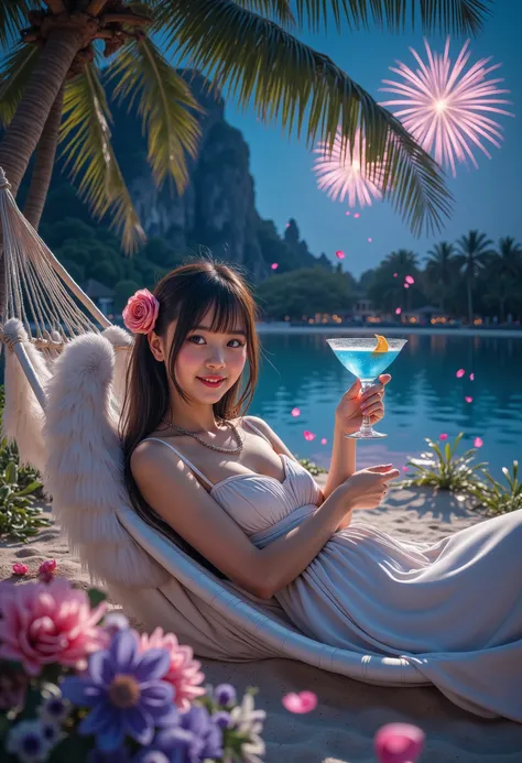 masterpiece, best quality, ultra-detailed, an elegant girl with soft angel wings reclining on a hammock, her hand gently cradling a crystal-clear cocktail glass filled with a vibrant blue drink, adorned with fresh flowers, she gazes softly at her surroundi...