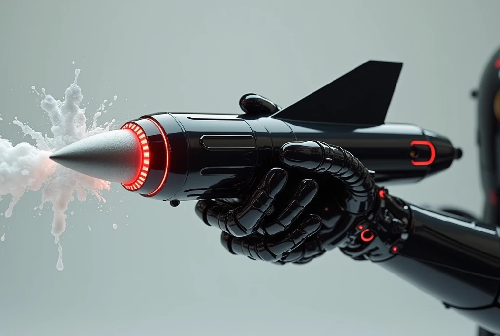 A futuristic robotic hand firmly gripping a large missile-shaped object. The robotic hand features a sleek metallic design in black, with intricate mechanical details visible around the joints and wrist. The surface of the fingers and hand is smooth, accen...