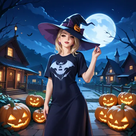 High quality design vector style image, t-shirt print style, graphic art white background of a Halloween style witch, bright and realistic colors, old style witch with a pointy hat, nose with a wart and a black cat at her side, fantasy style scenery hallow...