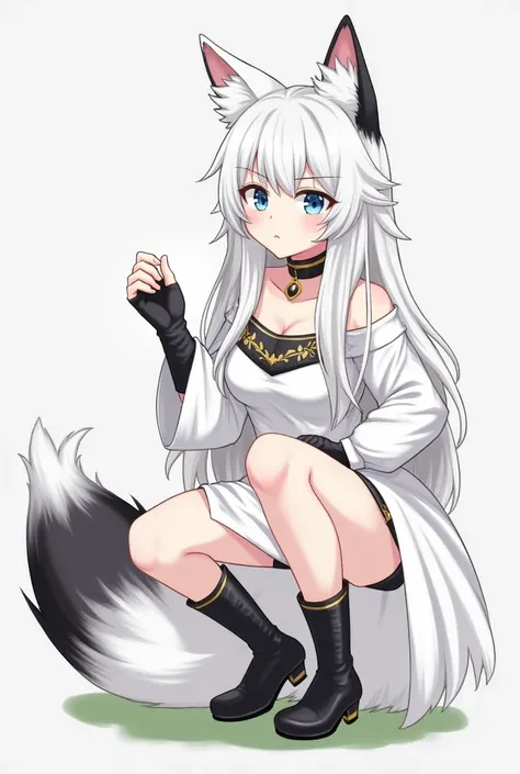 white fox 
personify 
girls 
The hair on the upper part of the ear is black The tail is white and the tip is black 
small golden earring on the right ear 
The color of the eyes is blue 
Clothes that show the navel 
Clothes with split sleeves 
Flirtatious c...