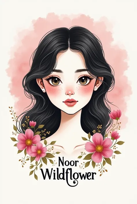 Create a company logo that says "Noor Wildflower" with a drawing of a white-skinned woman with dark hair and freckles on her face and that is related to pastry with pink colors.