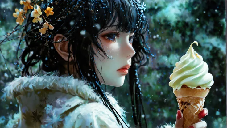 Yuki-onnas sultry gaze pierces through the dappled darkness as she languidly licks her soft-serve ice cream, the sweetness of the treat momentarily forgotten in favor of its tantalizing texture. Her pure white kimono glistens with a subtle sheen, contrasti...