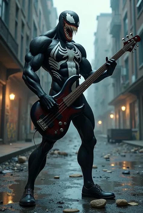 Venom playing electric bass on a desolate street