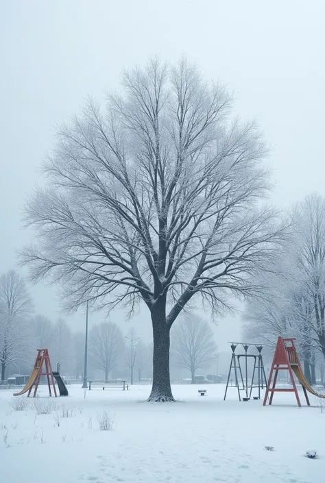 A tree on a snowy playground background with no one behind the playground