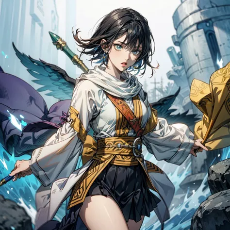    top quality , high definition ,rpg character,Priest, Elegant look,  cold eyes,  black hair,  short hair, 1 girl, Solemn,  red eyeliner ,  black skirt with length, bangs, Thighs,  Wizard-like Clothes ,  Pretty Bright Blue Clothes with Yellow Lines, Ornam...