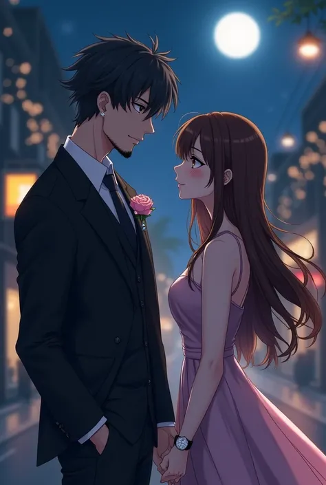 an anime style man,  A slender anime-style woman ,  Man has grey dark eyes ,  short length hair, Skewed and disheveled hair with a gradient, Japanese eye , Half black, Pierced ear with diamond earring , black suit,  thin black tie ,  sleeves curled up to h...