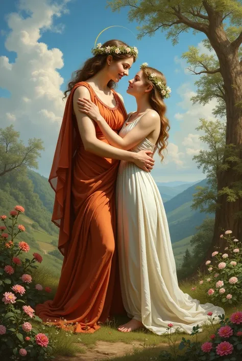 A final image of Demeter and Persephone reunited, perhaps in a springtime setting.