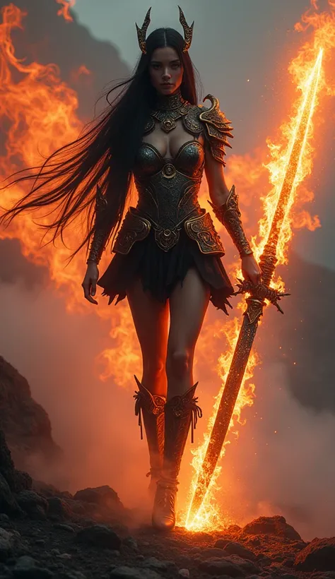 A majestic full body image of an incredibly goddess beautiful girl posing sexy confidently with her entire figure on display, showing off stunning armor, a battle worn bright black short dress and a toned physique. An oversized samurai sword, glowing fire ...