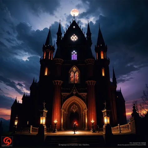 A dark and gothic game cover for *Castlevania: Symphony of the Night* on the PlayStation. The background features a silhouetted castle with sharp, spired towers set against a stormy purple sky illuminated by streaks of lightning. A glowing full moon adds a...