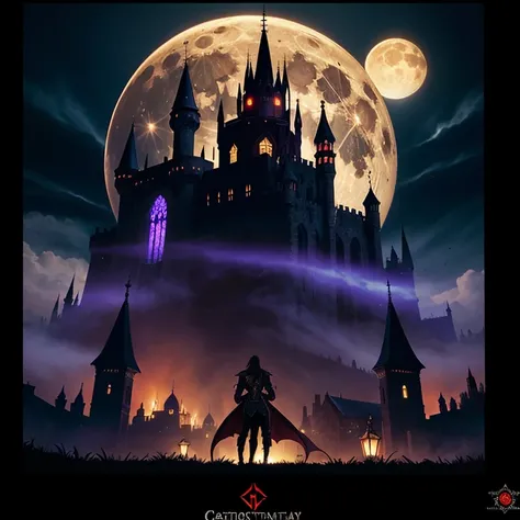 A dark and gothic game cover for *Castlevania: Symphony of the Night* on the PlayStation. The background features a silhouetted castle with sharp, spired towers set against a stormy purple sky illuminated by streaks of lightning. A glowing full moon adds a...