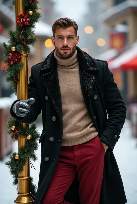 A handsome, sexy and imposing Russian man in his 30s, light skin, grey eyes, dressed in a stylish winter coat, red, beige turtleneck sweater, in a snowy Christmas town, strong and muscular legs big bulge, masterpiece , leaning on a golden metal post with C...