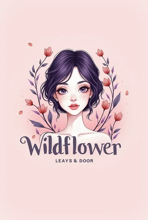 Create a company logo that says "Noor  Wildflower" with a drawing of a white-skinned woman with dark violet hair and freckles on her face and that is related to pastry with pink colors.